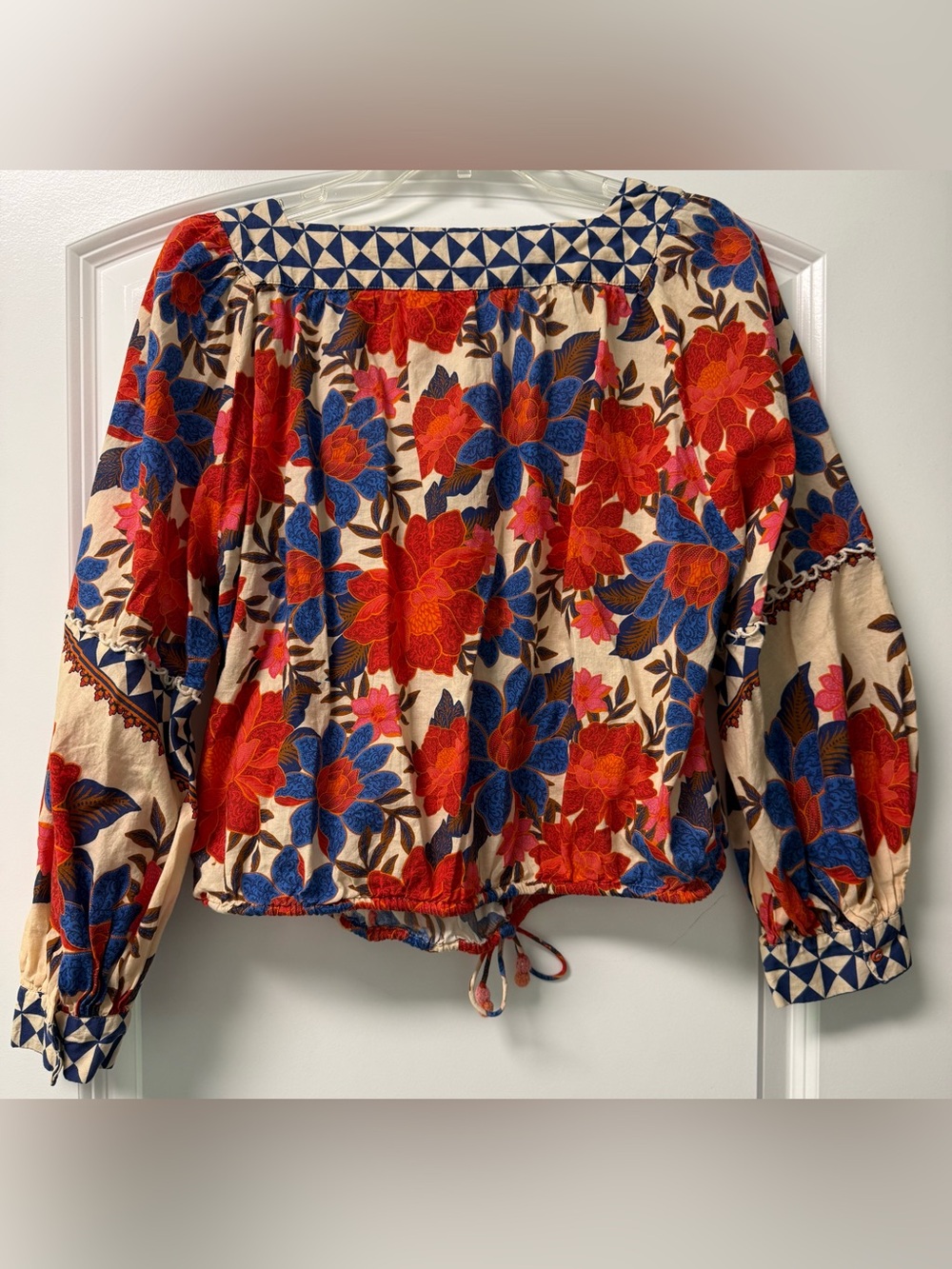 Farm Rio x Anthropologie Floral Peasant Top in Rust Orange & Royal Blue Sz Sm - Picture 4 of 11